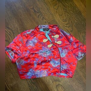 Red floral jacquard Asian inspired top